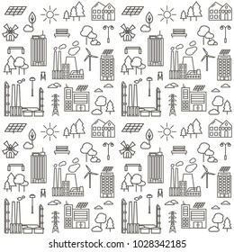 Pattern Background with Eco City Line Icons. Solar panels, wind turbines, green house, energy generator and factory. Ecology and environment concept illustration.