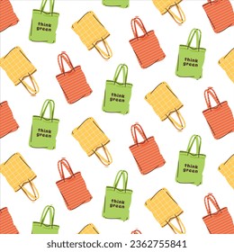 Pattern background with eco-friendly fabric shopping bags. Zero-waste shopping. Sustainability at home.