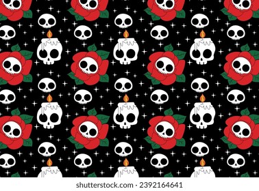 Pattern or background for fabrics or web arts, with skull and roses, flowers with some ornaments