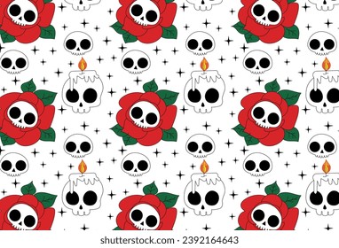 Pattern or background for fabrics or web arts, with skull and roses, flowers with some ornaments