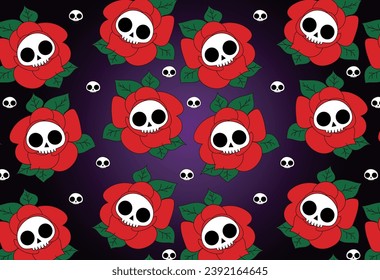 Pattern or background for fabrics or web arts, with skull and roses, flowers with some ornaments