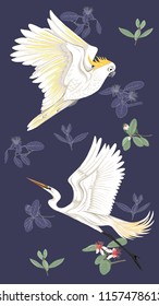 Pattern, background with with feijoa flowers with herons and cockatoo parrot. Vector illustration.  On dark blue background. Colored and outline design.