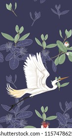Pattern, background with with feijoa flowers with herons Vector illustration.  On soft blue background. Colored and outline design.