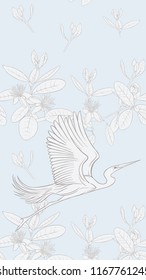 Pattern, background with with feijoa flowers with herons. Vector illustration.  Outline drawing on soft blue background. 