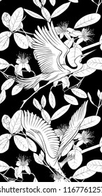 Padrão, fundo com flores feijoa com garças e papagaio de cacatua. Ilustração vetorial.  Gráficos em preto e branco.