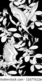 Pattern, background with with feijoa flowers with herons and cockatoo parrot. Vector illustration.  Black-and-white graphics.