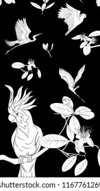 Pattern, background with with feijoa flowers with herons and cockatoo parrot. Vector illustration.  Black-and-white graphics.