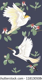 Pattern, background with with feijoa flowers with herons and cockatoo parrot. Vector illustration.  On dark blue background. 