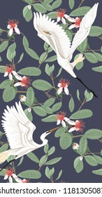 Pattern, background with with feijoa flowers with herons. Vector illustration.  On dark blue background. 