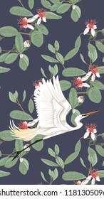 Pattern, background with with feijoa flowers with herons. Vector illustration.  On dark blue background. 