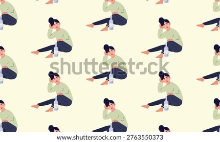 Pattern background of female alcoholism, sad crying woman chained to wine bottle, alcohol dependency concept illustration