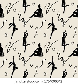 Fondo de patrón con figuras de danza femenina y elementos de arte de línea. Ilustración vector abstracta en estilo dibujado a mano.  Patrón sin foco con siluetas femeninas. Patrón del cuerpo desnudo femenino.