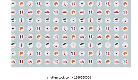 A pattern, background with French symbols (the Eiffel tower, croissant, macaroons,) and flag, map, beret and moustache
