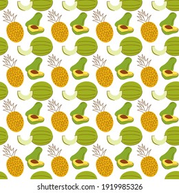 pattern background with fruit elements,watermelon, banana, mango. hand drawn seamless fruit pattern