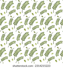 Pattern background with green leaves and petals. Vector image for backgrounds, fabrics and more.