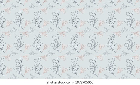 Pattern background with hand-drawn leaves in blue and red colors