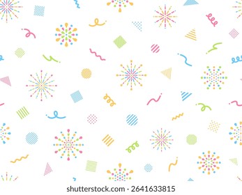 Pattern background illustration of colorful fireworks and circle triangle square shapes and lines
