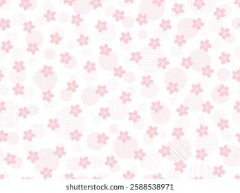 Pattern background illustration of pink cherry blossom flowers and circles with dots and stripes