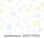 Pattern background illustration of randomly scattered colorful hand drawn style dots and striped circles