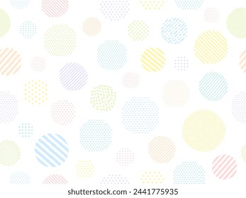 Pattern background illustration of randomly scattered colorful hand drawn style dots and striped circles