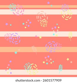 Pattern background illustration of randomly scattered colorful hand drawn style dots and striped circles