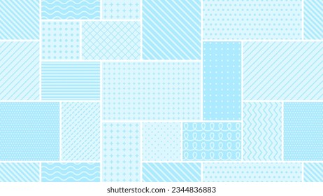 Pattern background illustration in which light blue squares and rectangles with various geometric patterns are laid out