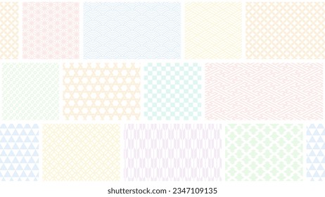 Pattern background illustration in which squares and rectangles with colorful traditional Japanese patterns are lined up