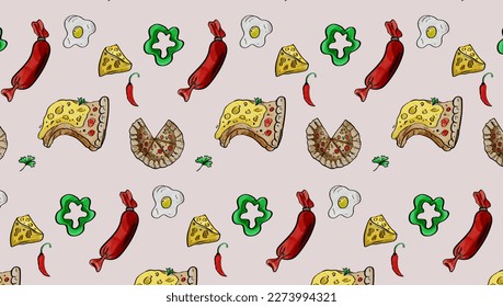 Patrón Fondo de la comida chatarra Alimentos Planta isométrica sin foco diseño plano para papel decorativo o de envolvimiento de regalo, 