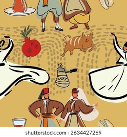 Pattern, background landmarks, symbols of Turkey, hand drawn simple drawing , line art, vector illustration.