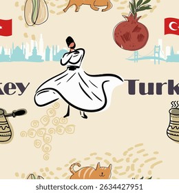 Pattern, background landmarks, symbols of Turkey, hand drawn simple drawing , line art, vector illustration.