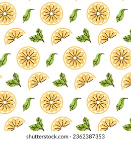 Pattern background with lemon slices and mint. Flat modern vector illustration