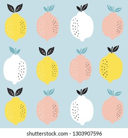 Pattern background with lemons. Citrus fruits collection. Hand drawn colorful vector wallpaper.
