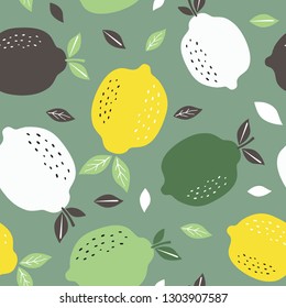 Pattern background with lemons. Seamless pattern with citrus fruits collection. Hand drawn colorful vector wallpaper.