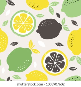 Pattern background with lemons. Seamless pattern with citrus fruits collection. Hand drawn colorful vector wallpaper.
