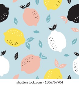 Pattern background with lemons. Seamless pattern with citrus fruits collection. Hand drawn colorful vector wallpaper.