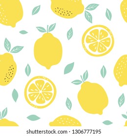 Pattern background with lemons. Seamless pattern with citrus fruits collection. Hand drawn colorful vector wallpaper.