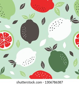 Pattern background with lemons. Seamless pattern with citrus fruits collection. Hand drawn colorful vector wallpaper.