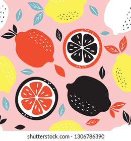 Pattern background with lemons. Seamless pattern with citrus fruits collection. Hand drawn colorful vector wallpaper.