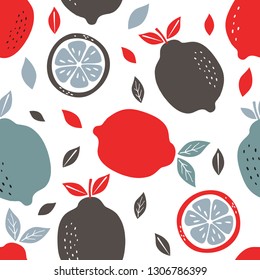Pattern background with lemons. Seamless pattern with citrus fruits collection. Hand drawn colorful vector wallpaper.