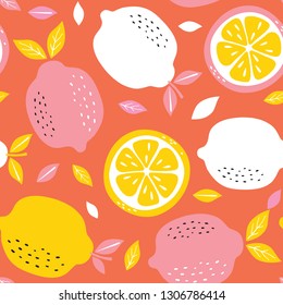 Pattern background with lemons. Seamless pattern with citrus fruits collection. Hand drawn colorful vector wallpaper.