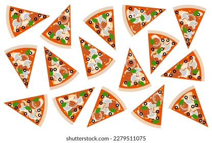 Pattern background made of top view of pizza pieces on white background