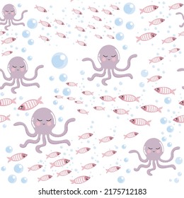 Pattern background with marine life in lilla, pink colors with octopuses, fishes and air bubbles
