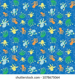 pattern background octopus fish sea shell  seaweed bubbles fins starfish mollusk
