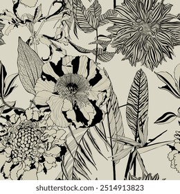 Pattern background with  palms, flowers,  monstera leaf drawing illustration. Exotic tropical flowers and plants line illustration.