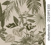 Pattern background with  palms, flowers, tropical monstera leaf drawing illustration. Exotic tropical  plants line illustration.