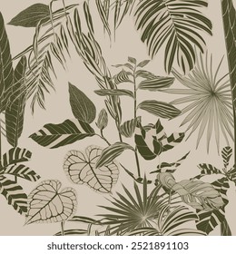 Plano de fundo padrão com palmas, flores, ilustração de desenho de folha de monstera tropical. Ilustração de linha de plantas tropicais exóticas.