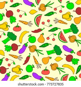 Pattern background with pictures of fruits and vegetables. Vector illustration/