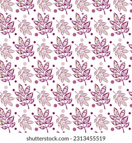 Pattern background from pink with green leaves with circles. Vector image for fabric background and more.
