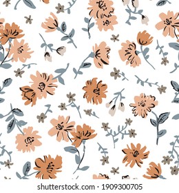 Pattern background with pink pastel flowers. Seamless print illustration. Primitive form. 