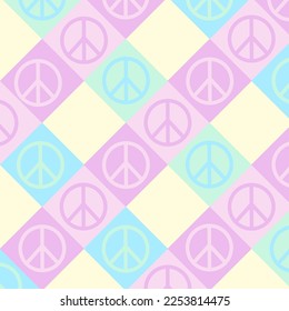 pattern, background with pink, yellow, blue squares and peace sign in hippie style